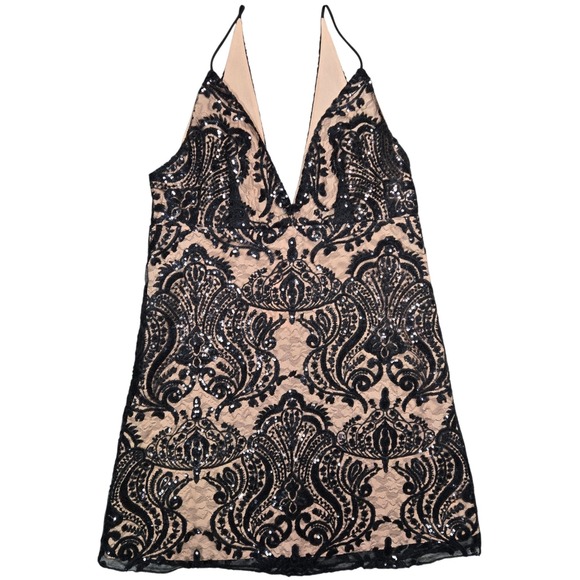 Free‎ People Black Night Shimmer Mini Dress Sequin Lace V Neck Size 6 OB553497
